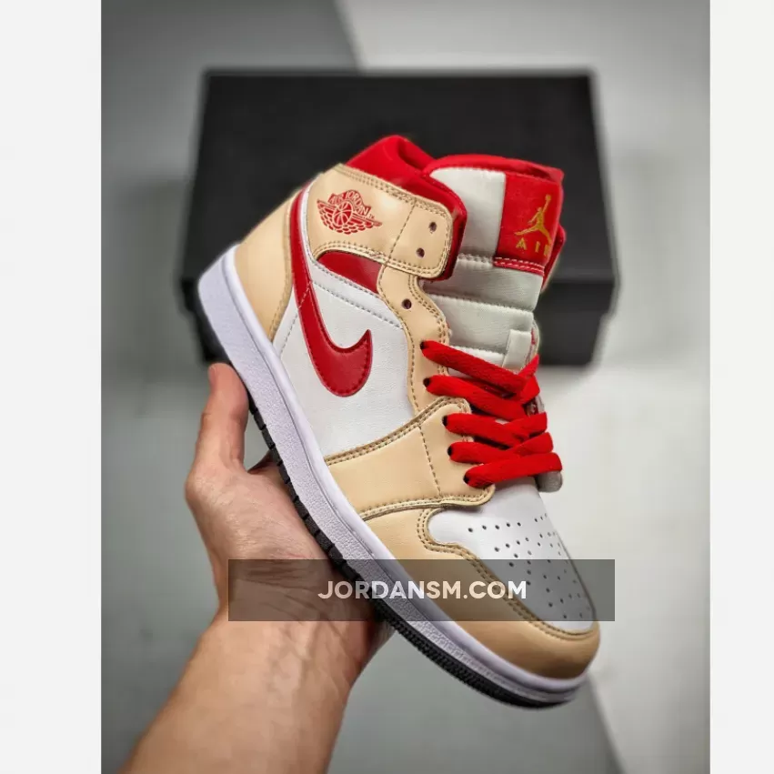 Air Jordan 1 Mid White/Cardinal Red/Light Curry 554724-201 Online