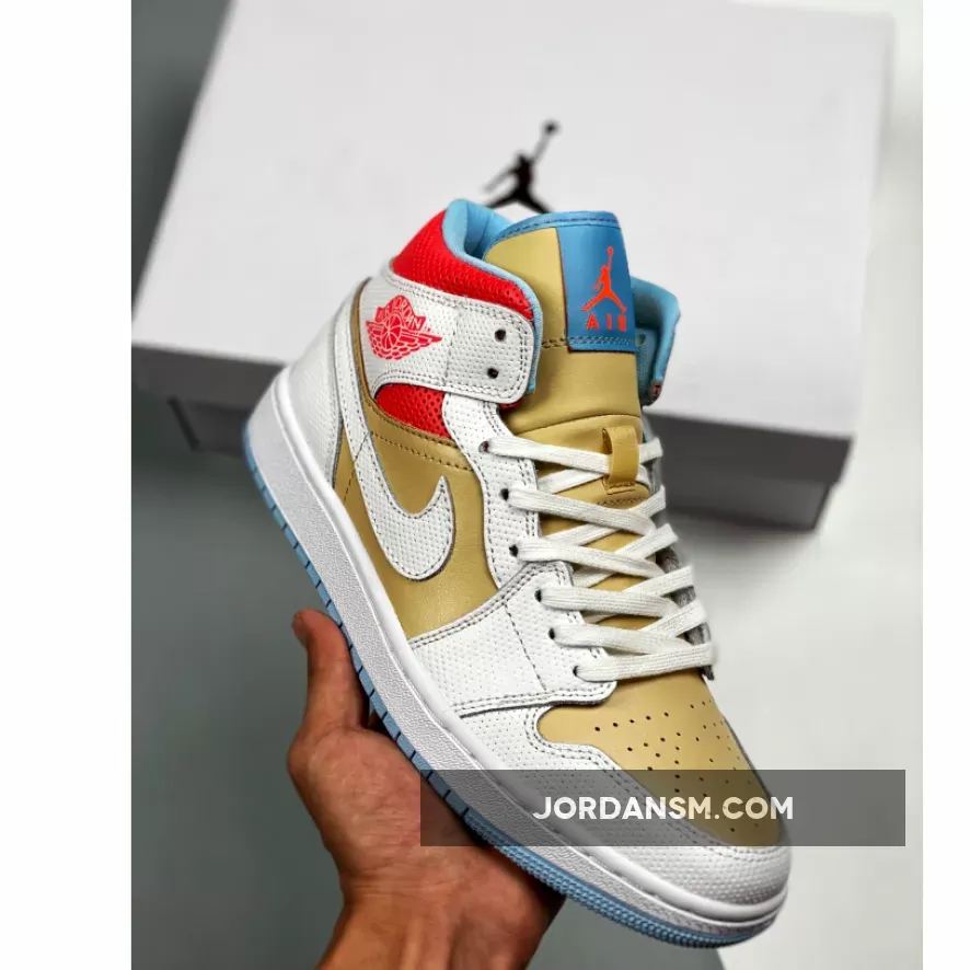 Air Jordan 1 Mid SE Sesame/White/Flash Crimson/Psychic Blue