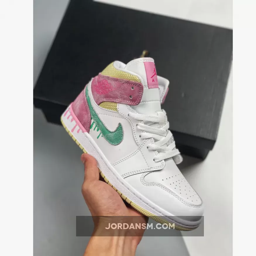 Air Jordan 1 Mid GS 'Paint Drip' White/Pink/Yellow/Green DD1666-100 Restock