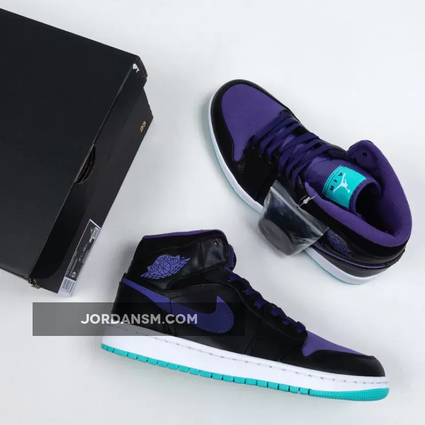 Air Jordan 1 Mid Black/Black-Grape Ice-New Emerald 554724-015 Restock