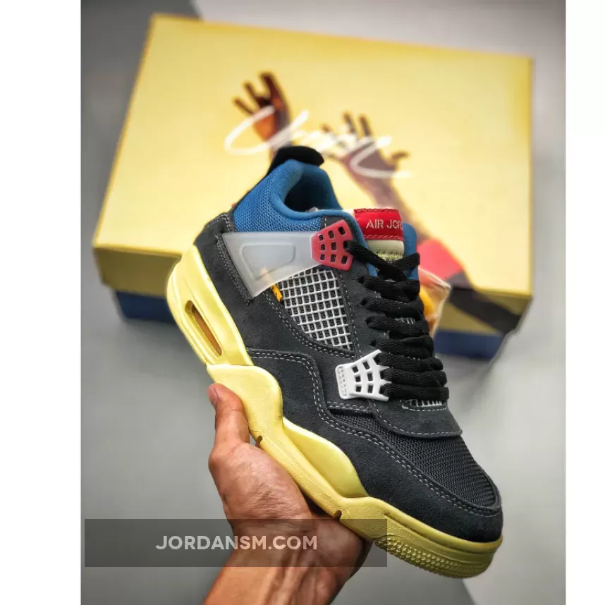 Union X Air Jordan 4 Off Noir/Brigade Blue-Dark Smoke Grey-Light Fusion Red New Releases