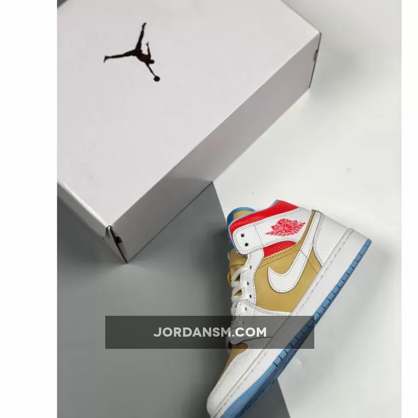 Air Jordan 1 Mid SE Sesame/White/Flash Crimson/Psychic Blue