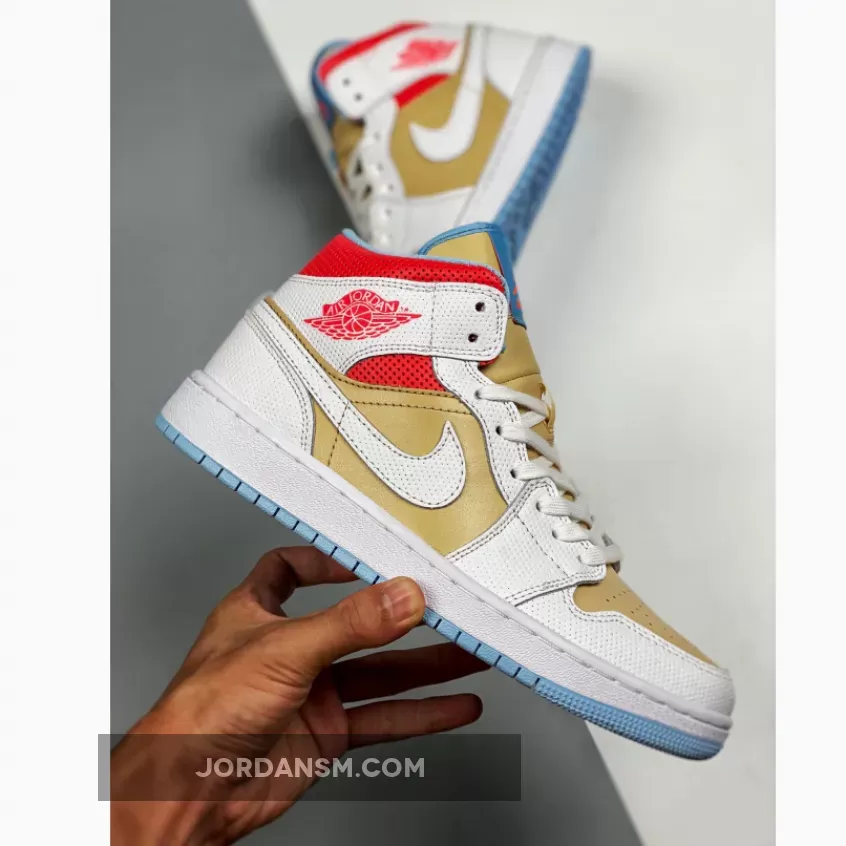 Air Jordan 1 Mid SE Sesame/White/Flash Crimson/Psychic Blue