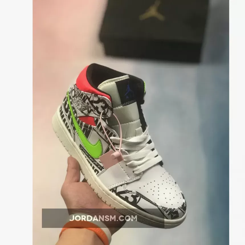 Air Jordan 1 Mid Print White Black Green Red 554724-119 Restock