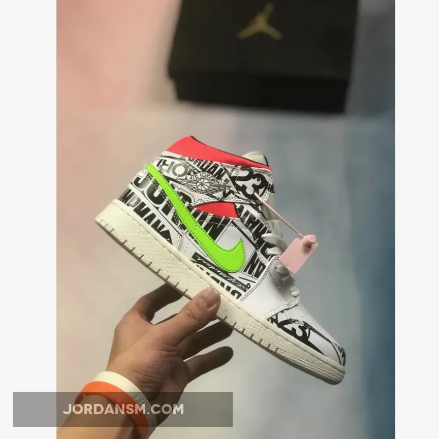 Air Jordan 1 Mid Print White Black Green Red 554724-119 Restock