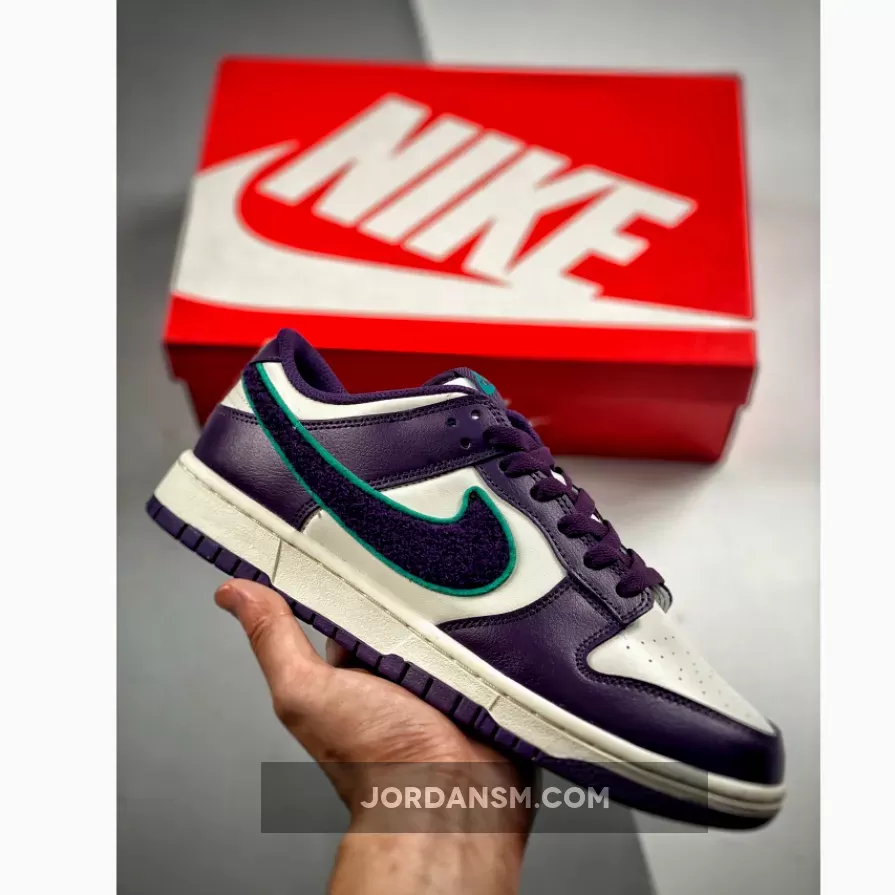 Nike Dunk Low 'Chenille Swoosh' Sail/Grand Purple-Green DQ7683-100 / purple and green dunks